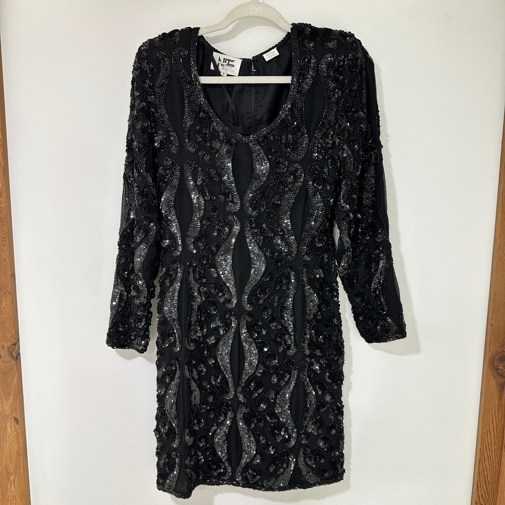 Nite Line Women Dress Silk Sequin Beaded Long Sleeve Cocktail Party Black 4 Mini